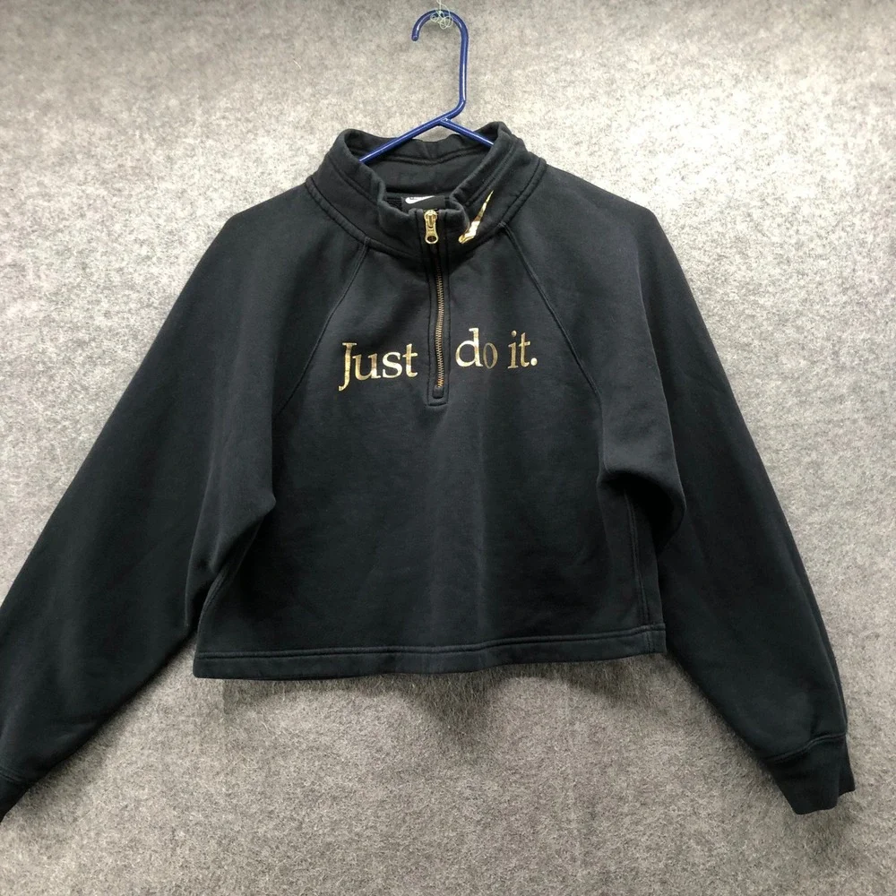 Nike Gold Foil Just Do It 1/4 Zip Cropped Sweatshirt Womens S Black Relaxed